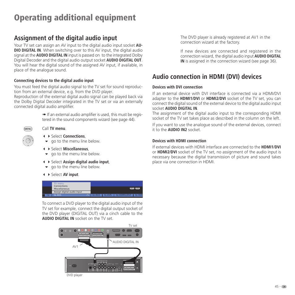 Operating additional equipment, Assignment of the digital audio input, Audio connection in hdmi (dvi) devices | Pcm/mpeg2/ac3/dts | Loewe Spheros R 37Full-HD+ User Manual | Page 45 / 60