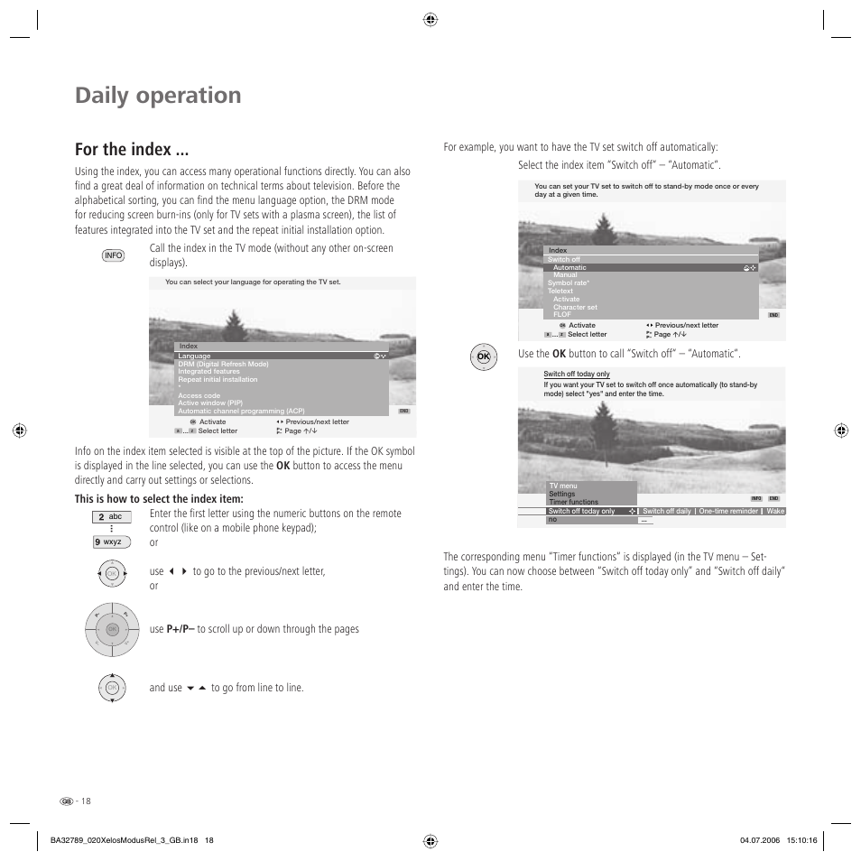 Daily operation, For the index | Loewe L 37 User Manual | Page 18 / 46