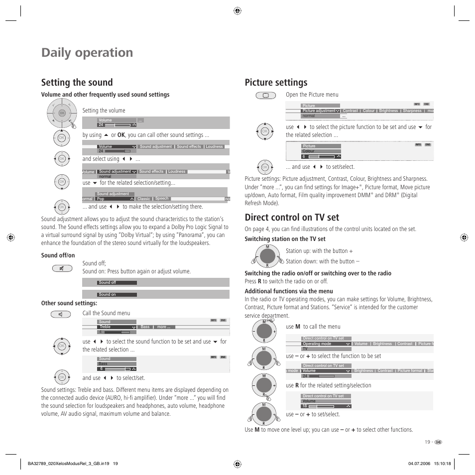 Daily operation, Setting the sound, Picture settings | Direct control on tv set, And drm, Digital refresh mode) | Loewe L 37 User Manual | Page 19 / 46