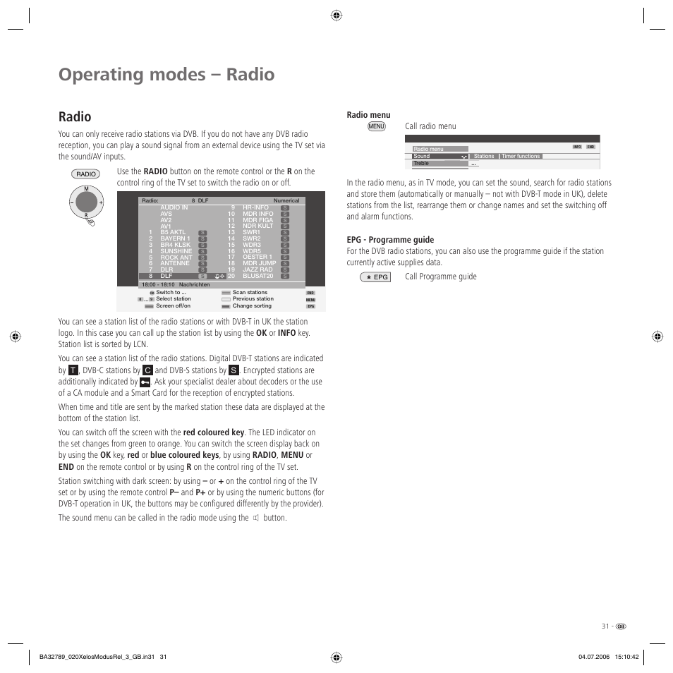 Operating modes – radio, Radio, Dvb-c stations by | And dvb-s stations by, Button | Loewe L 37 User Manual | Page 31 / 46