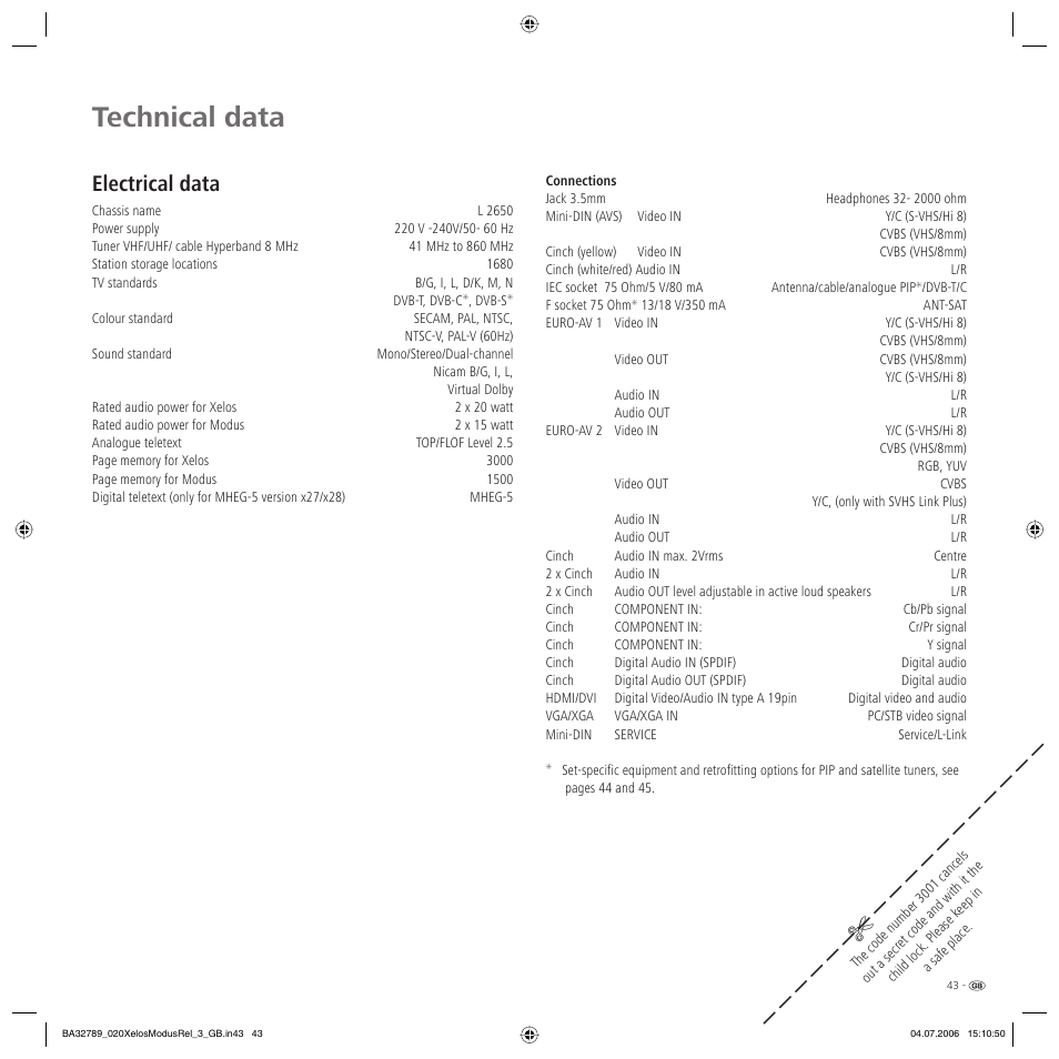 Technical data, Electrical data | Loewe L 37 User Manual | Page 43 / 46
