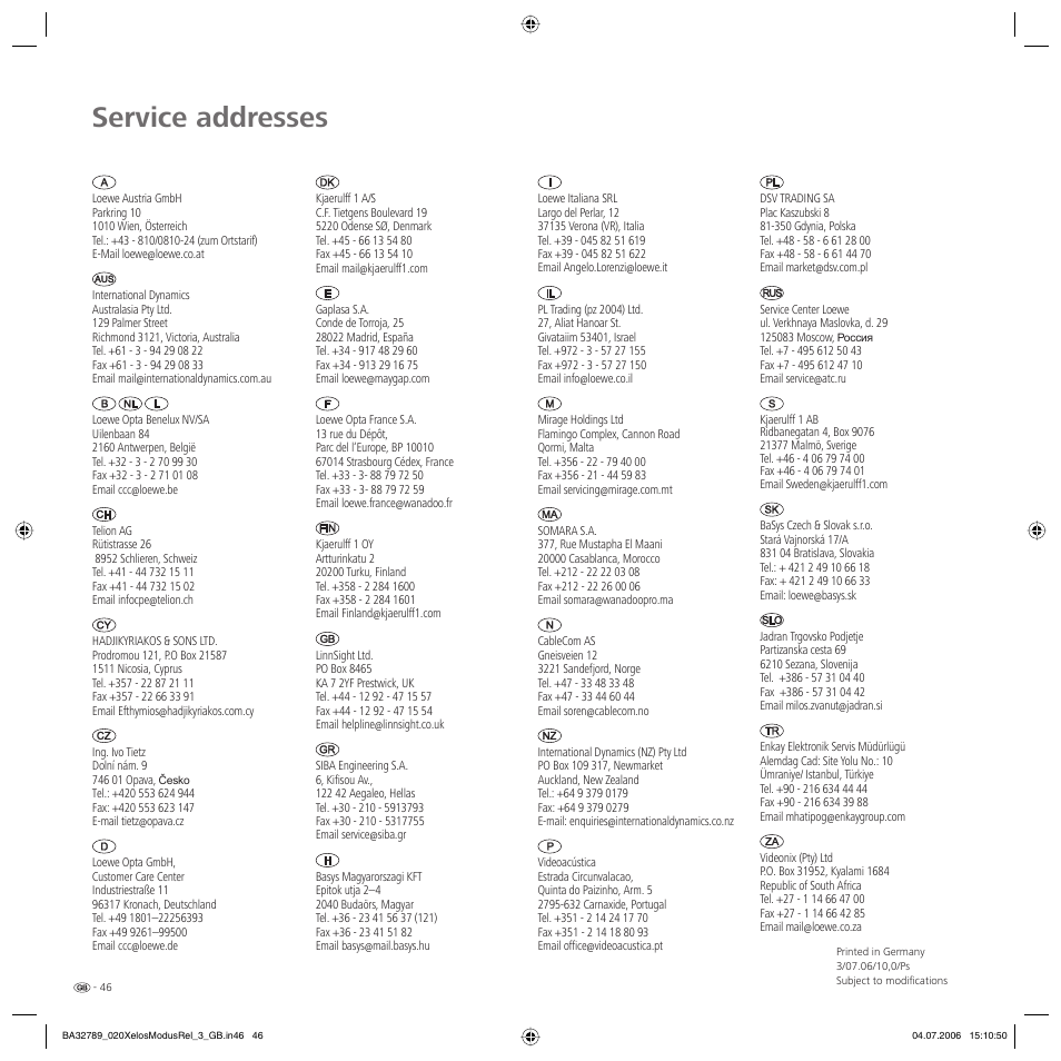 Service addresses | Loewe L 37 User Manual | Page 46 / 46