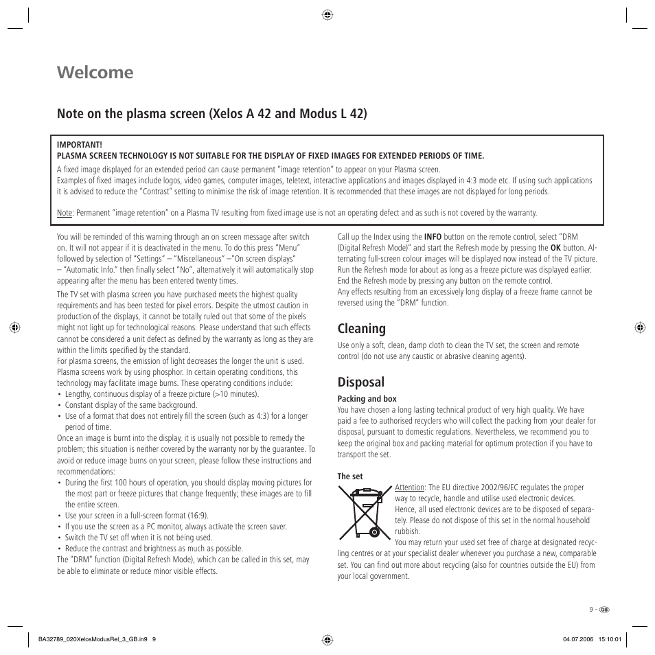 Welcome, Cleaning, Disposal | Loewe L 37 User Manual | Page 9 / 46