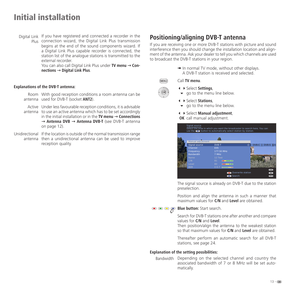 Initial installation, Positioning/aligning dvb-t antenna | Loewe R 37 Full-HD+ 100 User Manual | Page 13 / 74