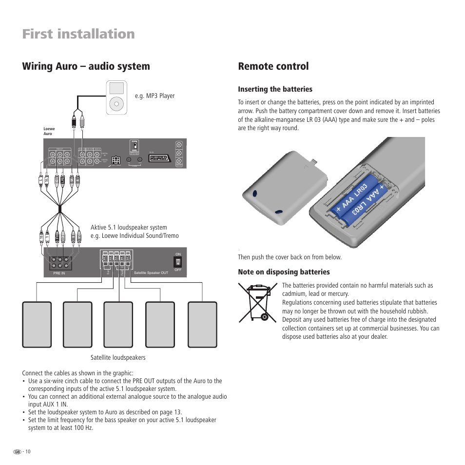 First installation, Wiring auro – audio system, Remote control | Inserting the batteries | Loewe Auro 2216 PS User Manual | Page 10 / 44