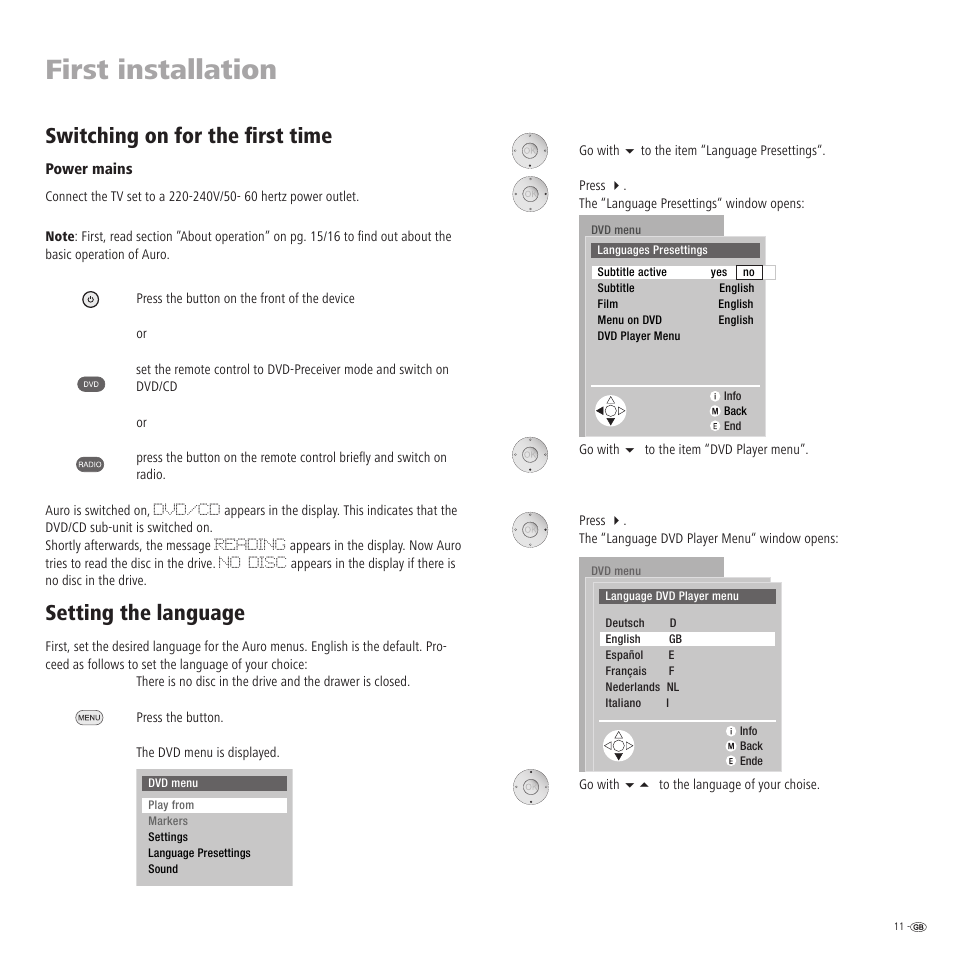 First installation, Switching on for the first time, Setting the language | Loewe Auro 2216 PS User Manual | Page 11 / 44