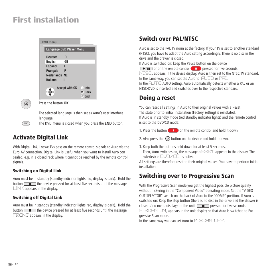 First installation, Activate digital link, Switch over pal/ntsc | Doing a reset, Switching over to progressive scan | Loewe Auro 2216 PS User Manual | Page 12 / 44