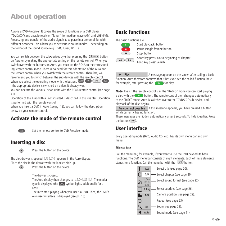 About operation, Activate the mode of the remote control, Inserting a disc | Basic functions, User interface | Loewe Auro 2216 PS User Manual | Page 15 / 44