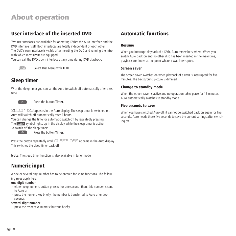 About operation, User interface of the inserted dvd, Sleep timer | Numeric input, Automatic functions | Loewe Auro 2216 PS User Manual | Page 18 / 44