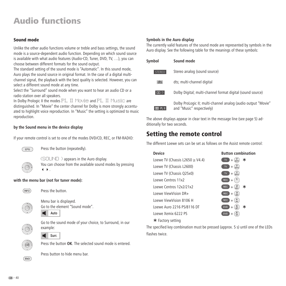 Audio functions, Setting the remote control | Loewe Auro 2216 PS User Manual | Page 40 / 44