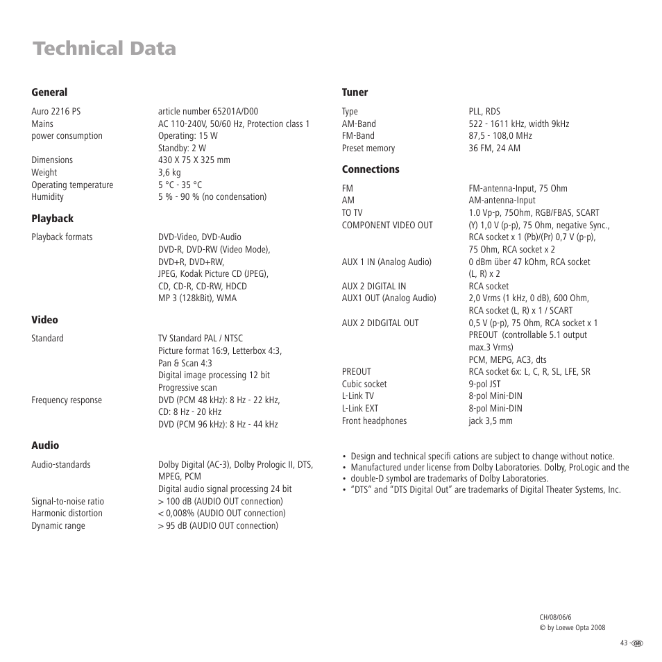 Technical data | Loewe Auro 2216 PS User Manual | Page 43 / 44