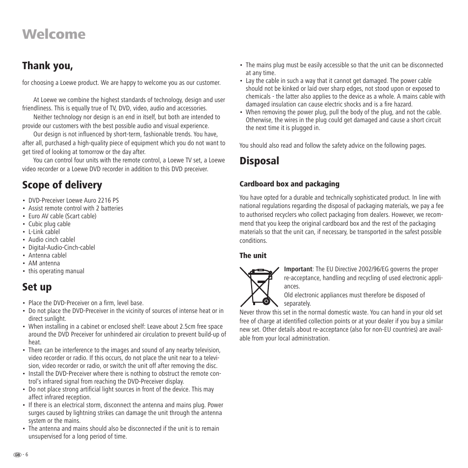 Welcome, Scope of delivery, Set up | Disposal | Loewe Auro 2216 PS User Manual | Page 6 / 44