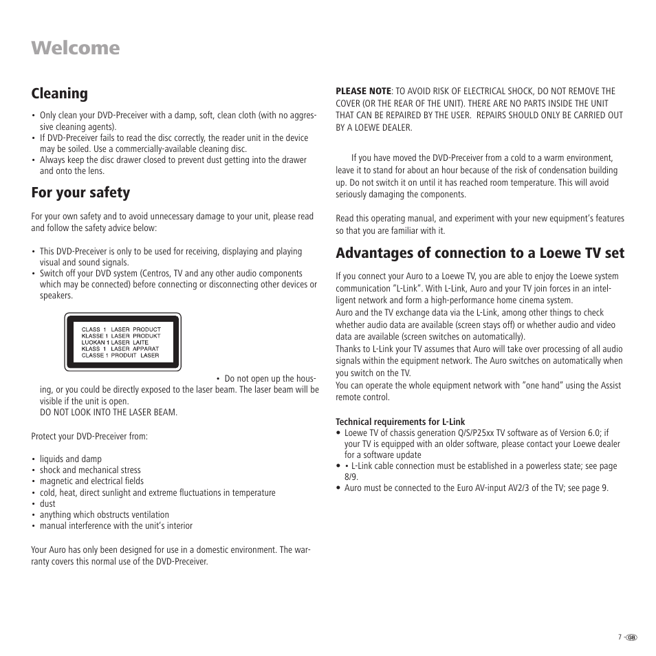 Welcome, Cleaning, For your safety | Advantages of connection to a loewe tv set | Loewe Auro 2216 PS User Manual | Page 7 / 44