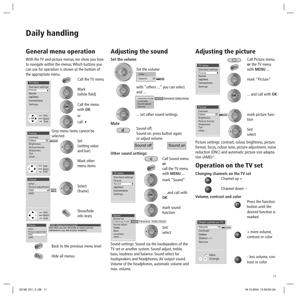 Daily handling, Adjusting the sound, Adjusting the picture | Operation on the tv set, General menu operation, Set the volume | Loewe Aventos User Manual | Page 11 / 26