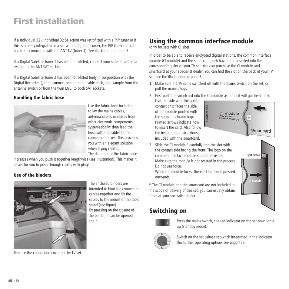 First installation, Using the common interface module, Switching on | Loewe TV 23332507.020 User Manual | Page 10 / 50
