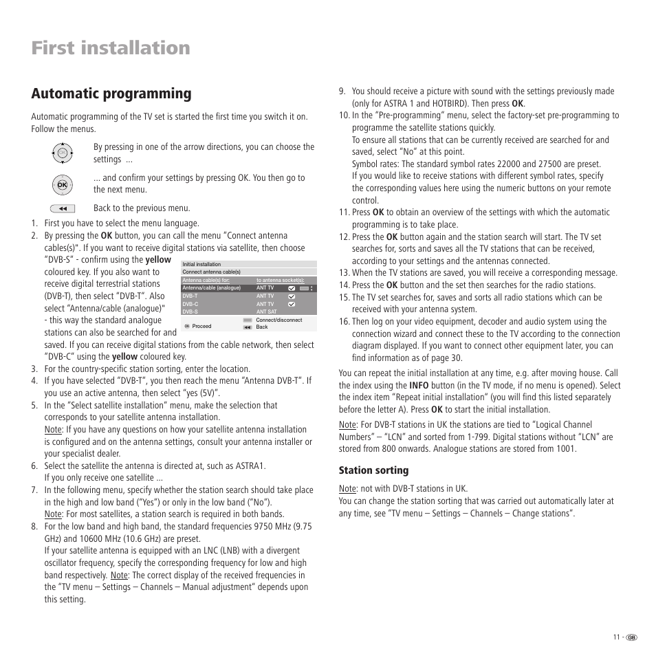 First installation, Automatic programming, Station sorting | Loewe TV 23332507.020 User Manual | Page 11 / 50