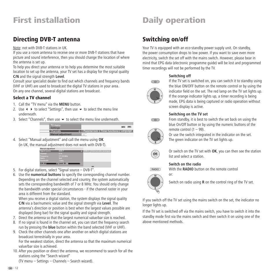 First installation, Daily operation, Switching on/off | Directing dvb-t antenna | Loewe TV 23332507.020 User Manual | Page 12 / 50