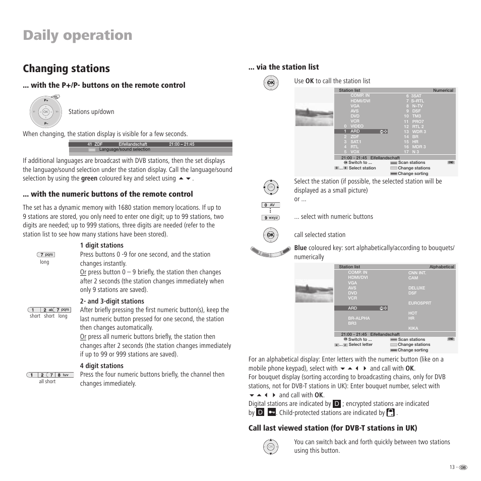 Daily operation, Changing stations, With the p+/p- buttons on the remote control | With the numeric buttons of the remote control, Via the station list, Encrypted stations are indicated by, Child-protected stations are indicated by | Loewe TV 23332507.020 User Manual | Page 13 / 50