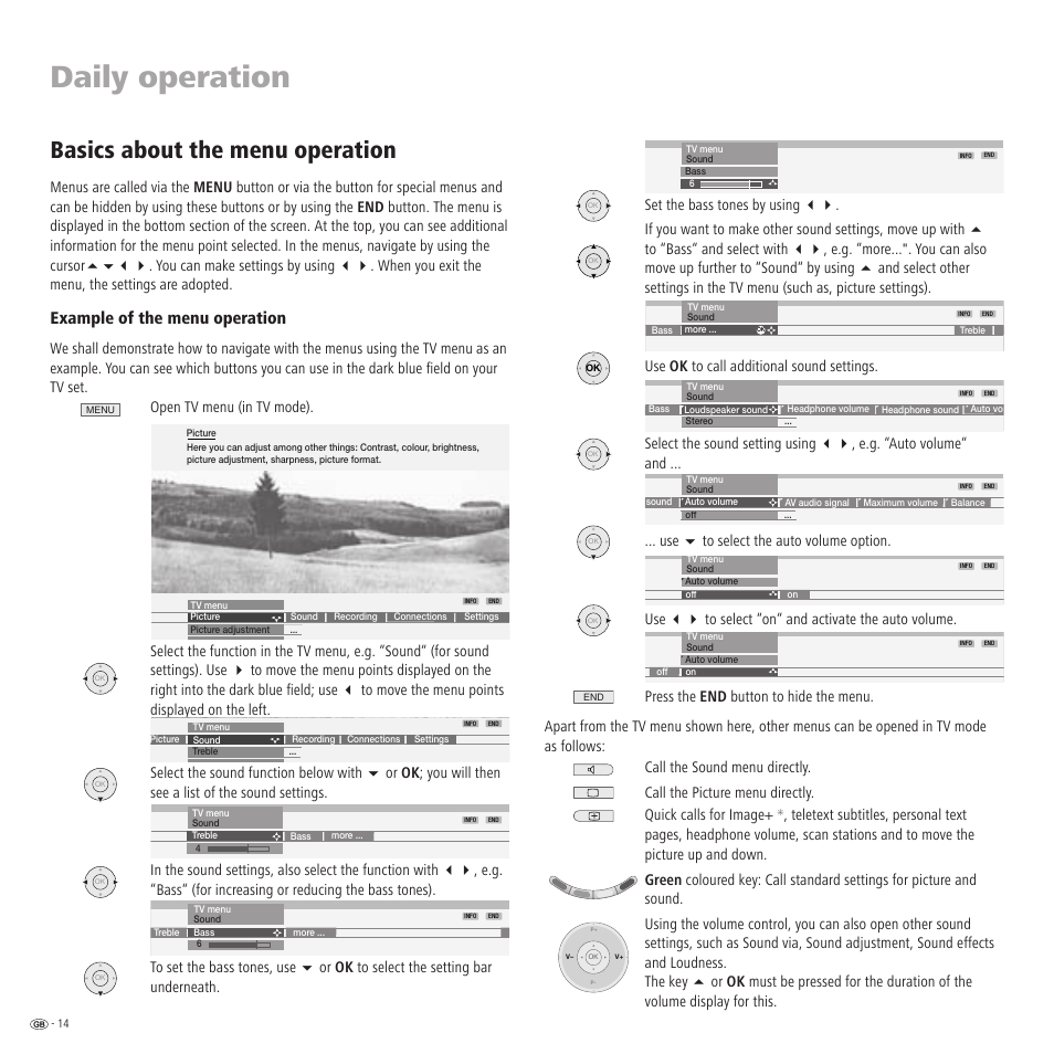 Daily operation, Basics about the menu operation, Example of the menu operation | Loewe TV 23332507.020 User Manual | Page 14 / 50
