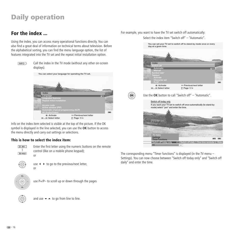 Daily operation, For the index, This is how to select the index item | Loewe TV 23332507.020 User Manual | Page 16 / 50