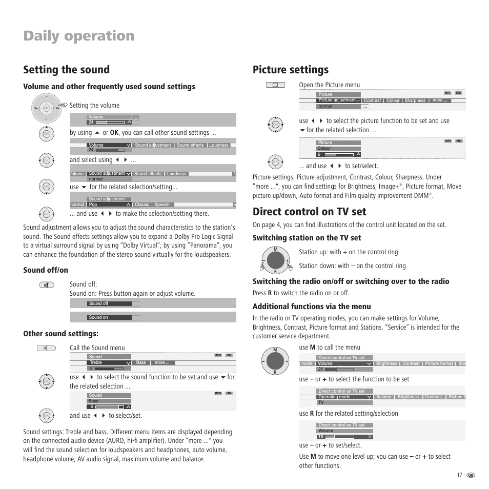 Daily operation, Setting the sound, Picture settings | Direct control on tv set, Volume and other frequently used sound settings, Sound off/on, Other sound settings, Switching station on the tv set, Additional functions via the menu | Loewe TV 23332507.020 User Manual | Page 17 / 50
