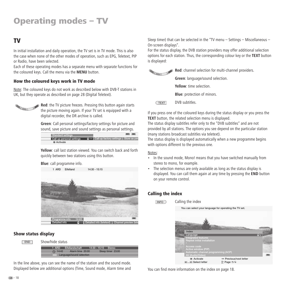 Operating modes – tv, How the coloured keys work in tv mode, Show status display | Calling the index | Loewe TV 23332507.020 User Manual | Page 18 / 50