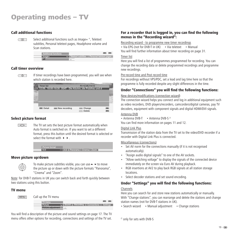 Operating modes – tv, Call additional functions, Call timer overview | Select picture format, Move picture up/down, Tv menu | Loewe TV 23332507.020 User Manual | Page 19 / 50