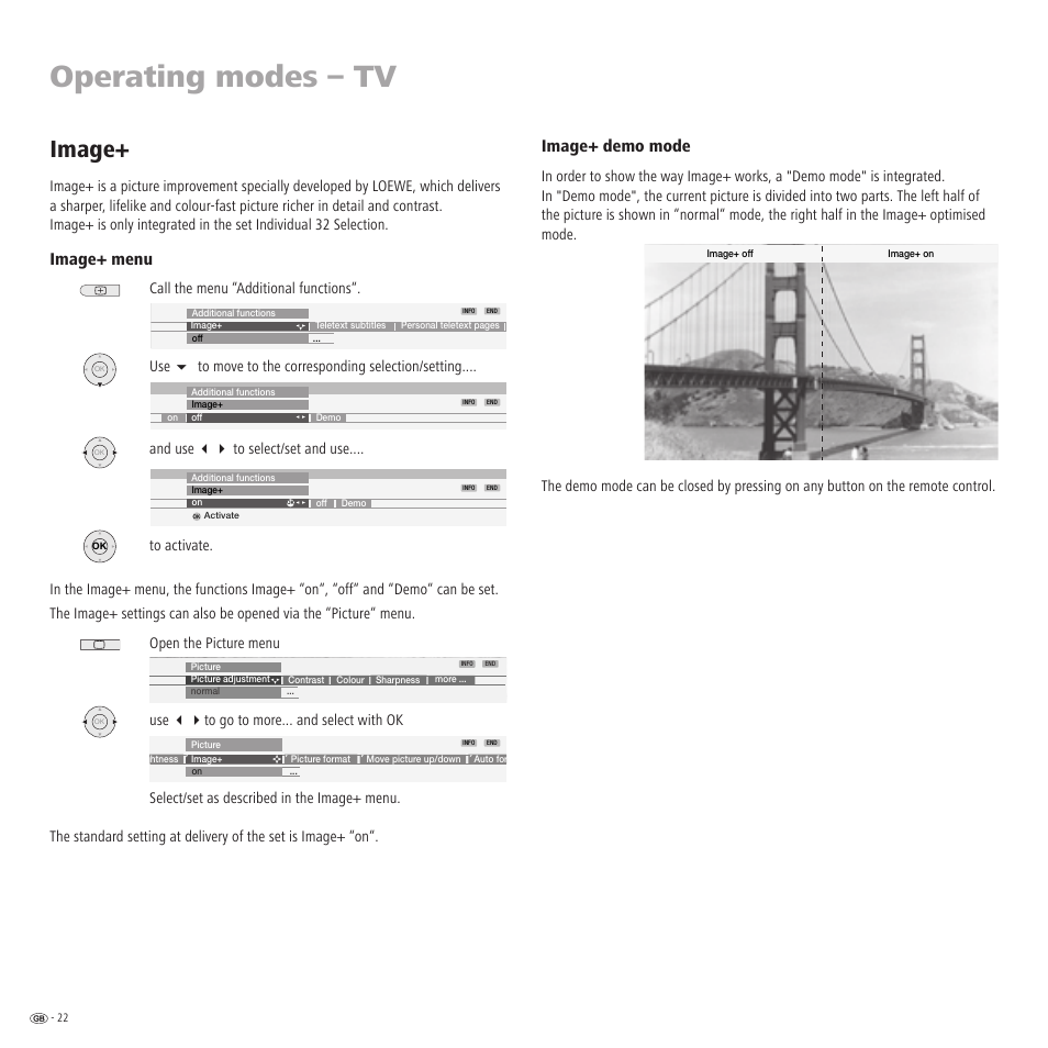 Operating modes – tv, Image, Image+ demo mode | Image+ menu | Loewe TV 23332507.020 User Manual | Page 22 / 50