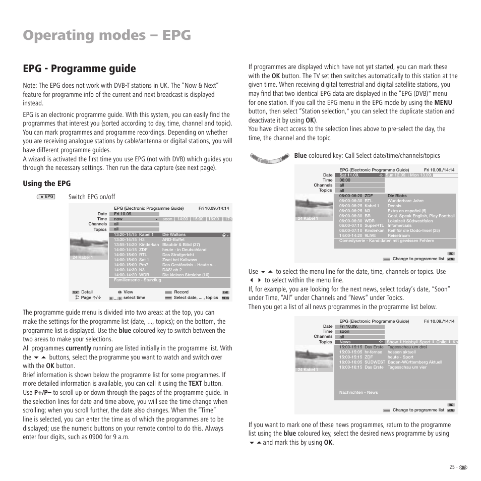 Operating modes – epg, Epg - programme guide, Using the epg | Loewe TV 23332507.020 User Manual | Page 25 / 50