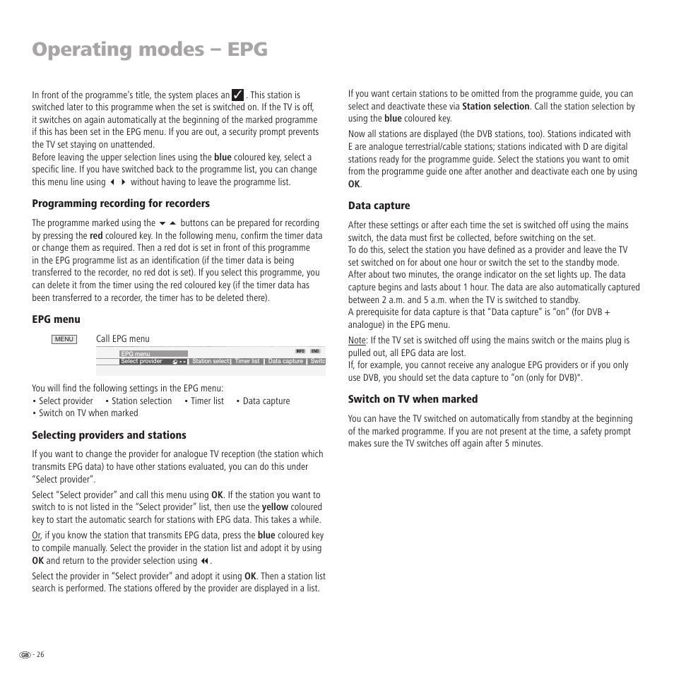 Operating modes – epg | Loewe TV 23332507.020 User Manual | Page 26 / 50