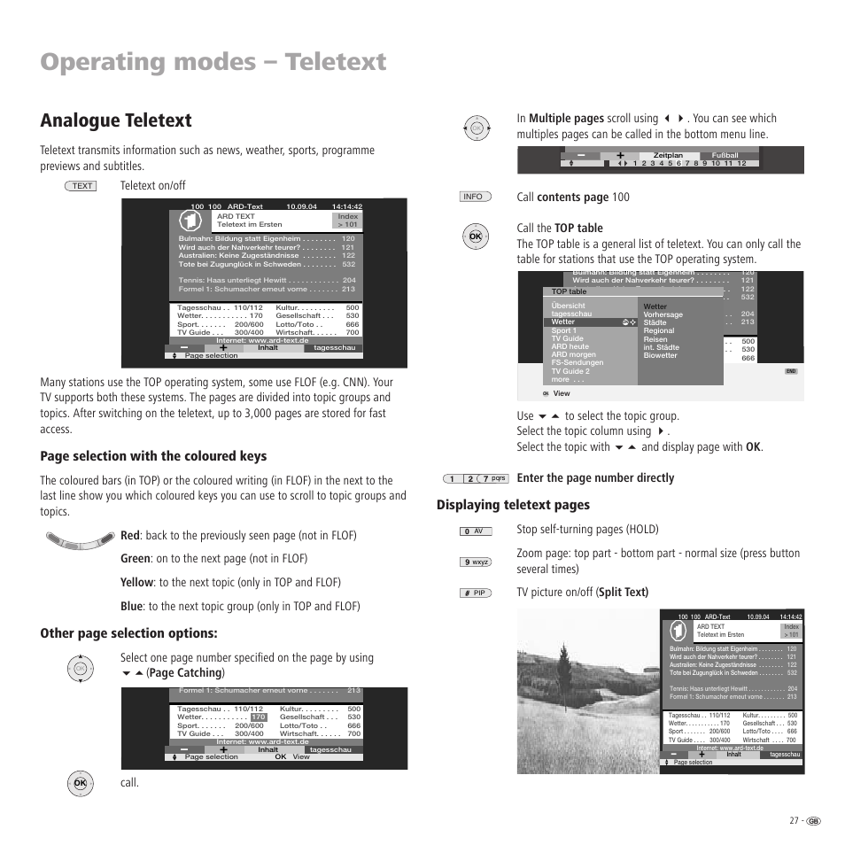 Operating modes – teletext, Analogue teletext, Displaying teletext pages | Page selection with the coloured keys, Other page selection options | Loewe TV 23332507.020 User Manual | Page 27 / 50