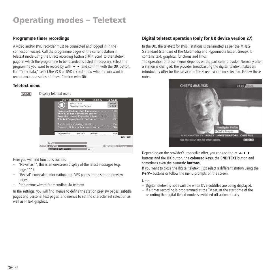 Operating modes – teletext, Programme timer recordings, Teletext menu | Loewe TV 23332507.020 User Manual | Page 28 / 50