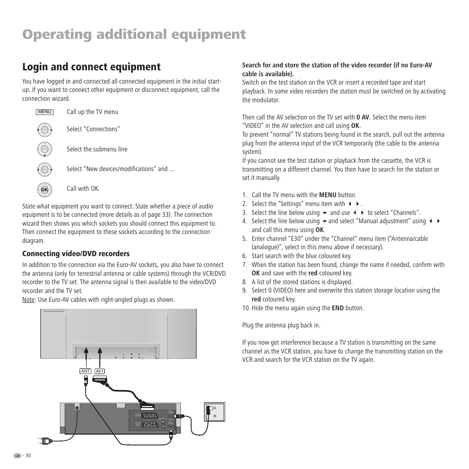 Operating additional equipment, Login and connect equipment, Connecting video/dvd recorders | Loewe TV 23332507.020 User Manual | Page 30 / 50