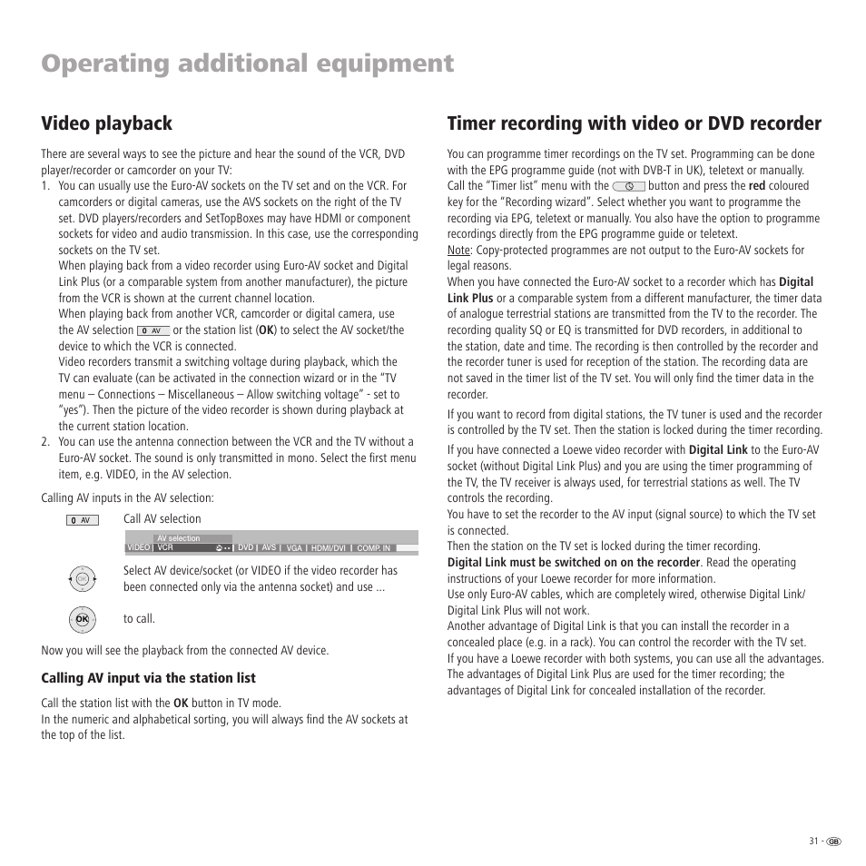 Operating additional equipment, Timer recording with video or dvd recorder, Video playback | Loewe TV 23332507.020 User Manual | Page 31 / 50