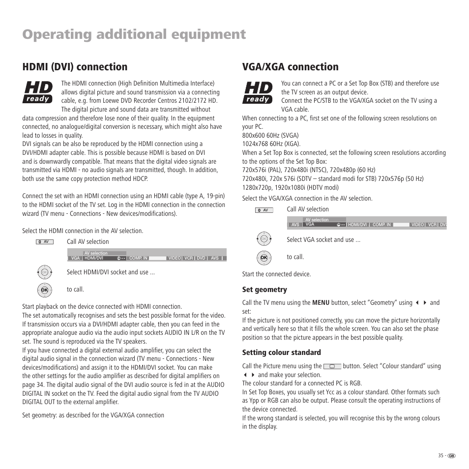 Operating additional equipment, Hdmi (dvi) connection, Vga/xga connection | Set geometry, Setting colour standard | Loewe TV 23332507.020 User Manual | Page 35 / 50