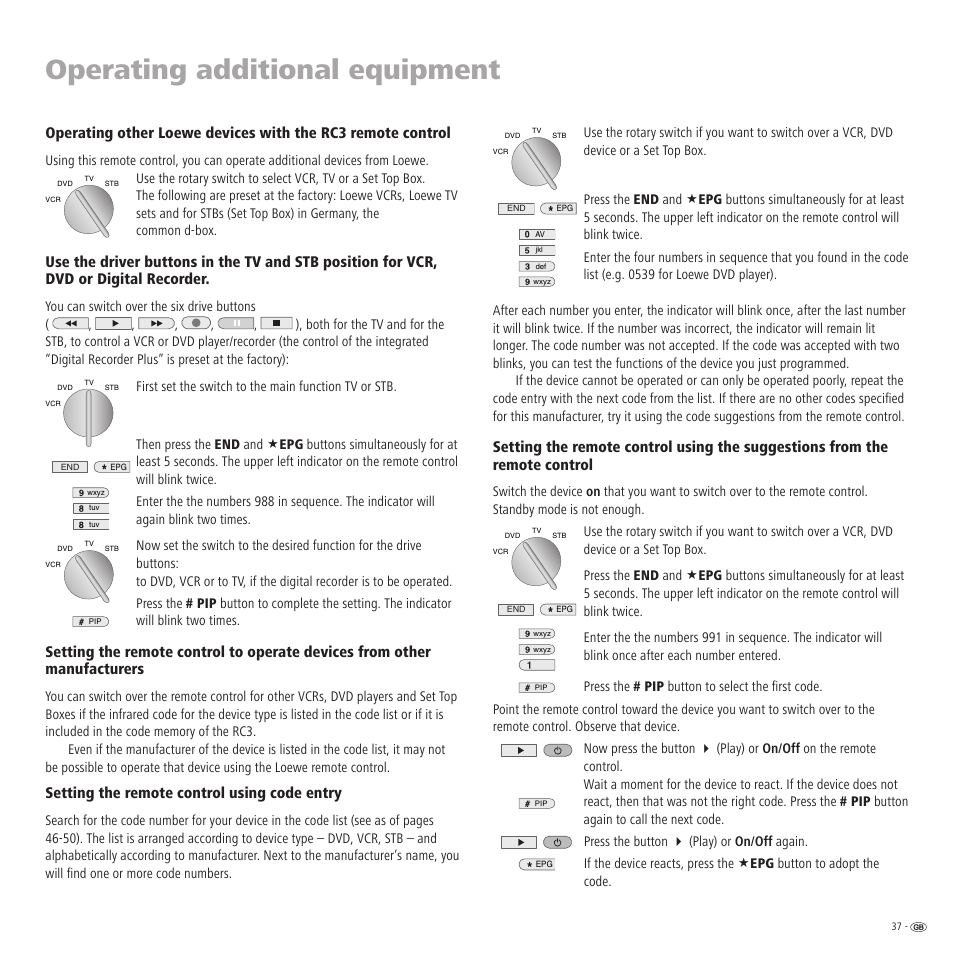 Operating additional equipment, Setting the remote control using code entry | Loewe TV 23332507.020 User Manual | Page 37 / 50