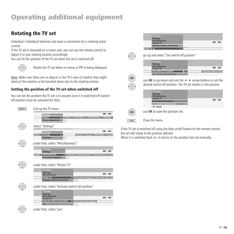 Operating additional equipment, Rotating the tv set | Loewe TV 23332507.020 User Manual | Page 39 / 50