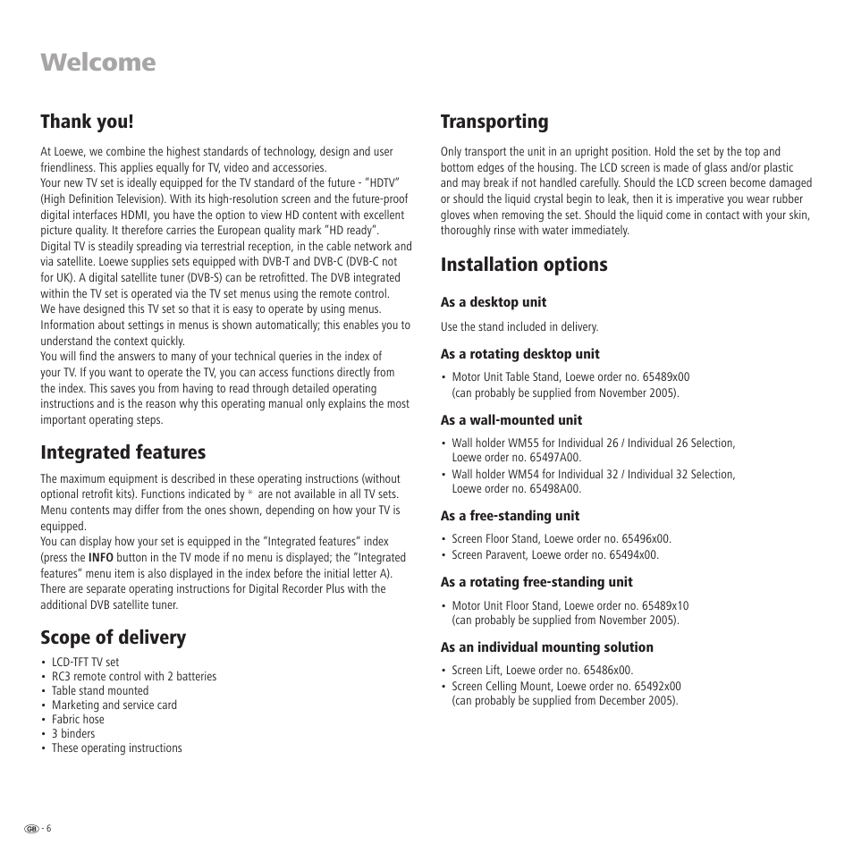 Welcome, Transporting, Installation options | Integrated features, Scope of delivery | Loewe TV 23332507.020 User Manual | Page 6 / 50