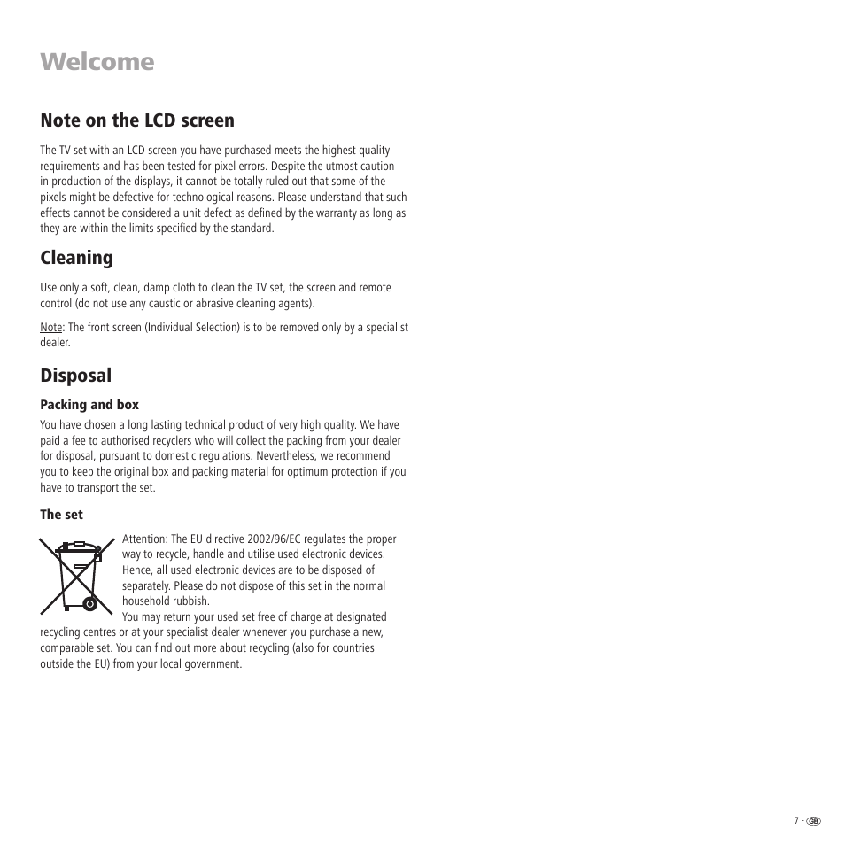 Welcome, Cleaning, Disposal | Loewe TV 23332507.020 User Manual | Page 7 / 50