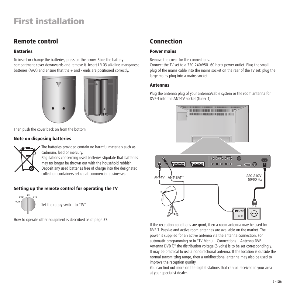 First installation, Connection, Remote control | Loewe TV 23332507.020 User Manual | Page 9 / 50