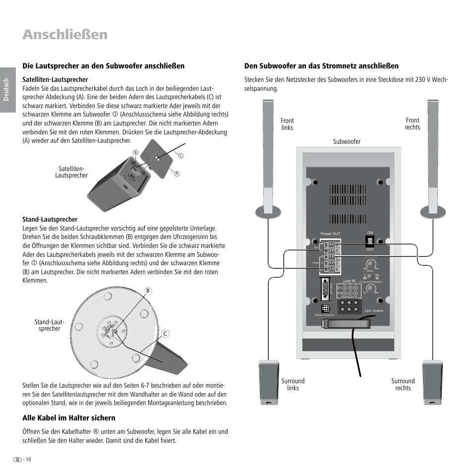 Die lautsprecher an den subwoofer anschließen, Alle kabel im halter sichern, Den subwoofer an das stromnetz anschließen | Anschließen | Loewe Individual Sound Speaker System User Manual | Page 10 / 64