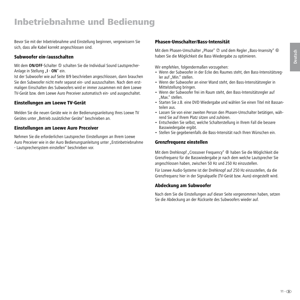 Inbetriebnahme und bedienung, Subwoofer ein-/ausschalten, Einstellungen am loewe tv-gerät | Einstellungen am loewe auro preceiver, Phasen-umschalter/bass-intensität, Grenzfrequenz einstellen, Abdeckung am subwoofer | Loewe Individual Sound Speaker System User Manual | Page 11 / 64