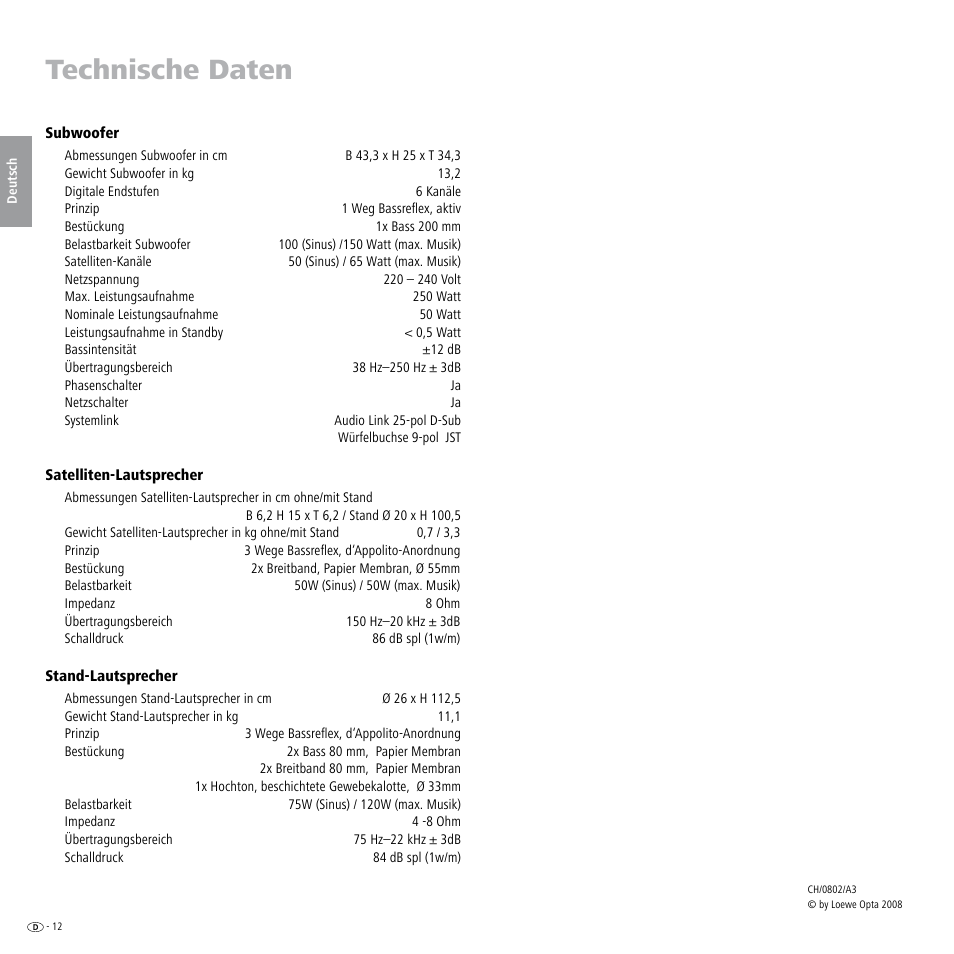 Technische daten | Loewe Individual Sound Speaker System User Manual | Page 12 / 64
