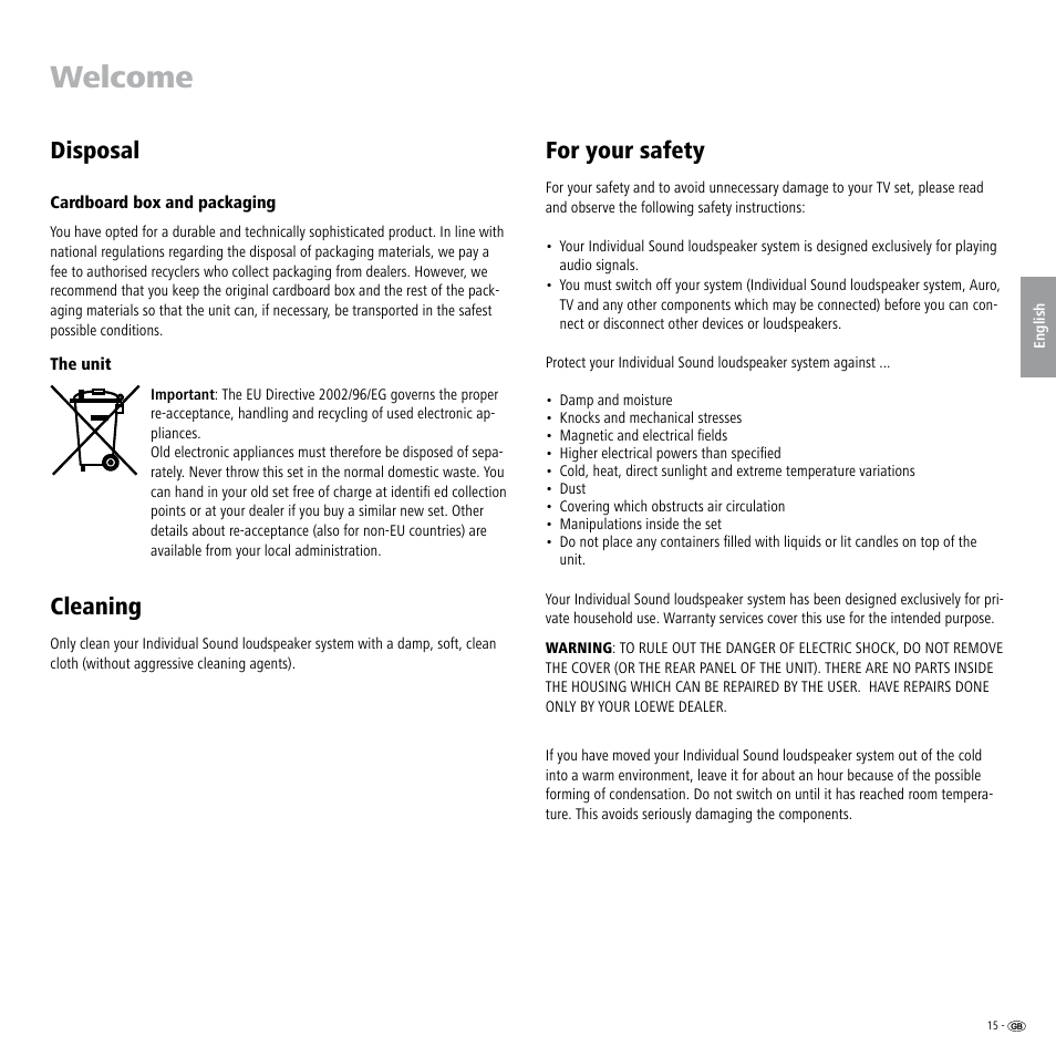 Disposal, Cardboard box and packaging, The unit | Cleaning, For your safety, Welcome | Loewe Individual Sound Speaker System User Manual | Page 15 / 64