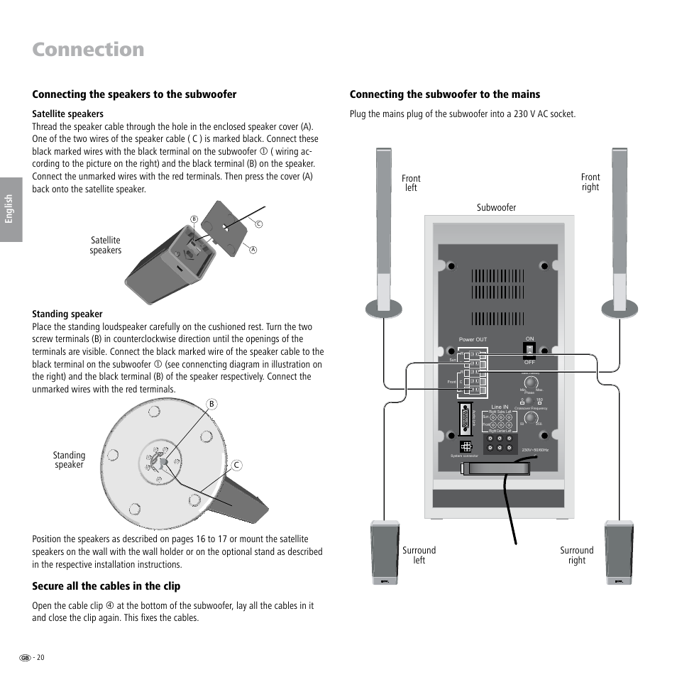 Connecting the speakers to the subwoofer, Secure all the cables in the clip, Connecting the subwoofer to the mains | Connection | Loewe Individual Sound Speaker System User Manual | Page 20 / 64