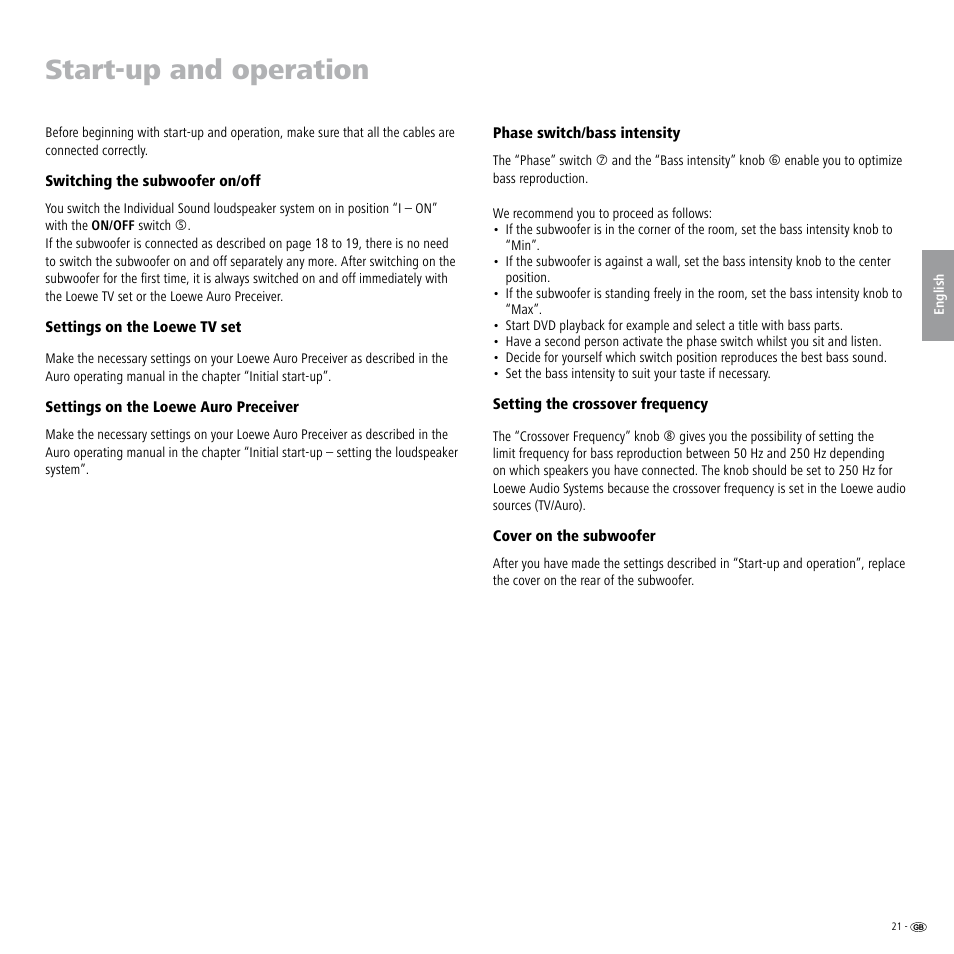 Start-up and operation, Switching the subwoofer on/off, Settings on the loewe tv set | Settings on the loewe auro preceiver, Phase switch/bass intensity, Setting the crossover frequency, Cover on the subwoofer | Loewe Individual Sound Speaker System User Manual | Page 21 / 64