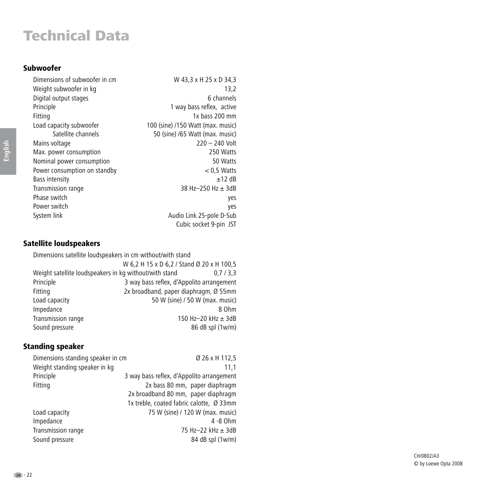 Technical data | Loewe Individual Sound Speaker System User Manual | Page 22 / 64