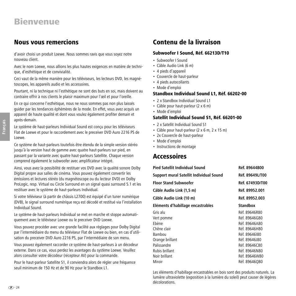 Bienvenue, Contenu de la livraison, Accessoires | Nous vous remercions | Loewe Individual Sound Speaker System User Manual | Page 24 / 64