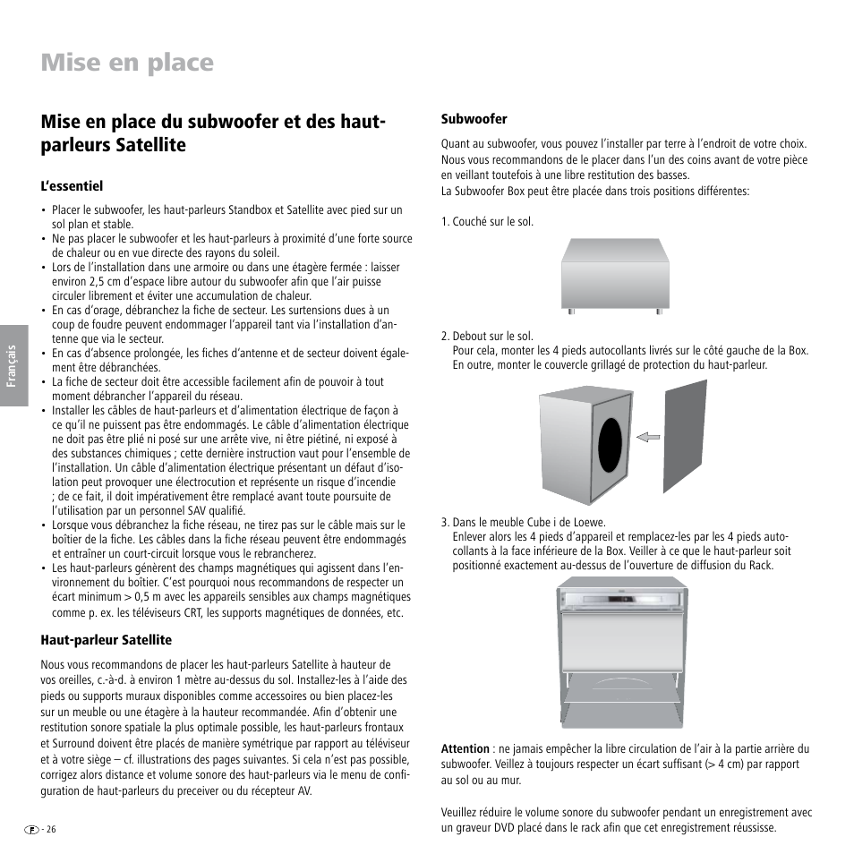 Mise en place, L‘essentiel, Haut-parleur satellite | Subwoofer | Loewe Individual Sound Speaker System User Manual | Page 26 / 64