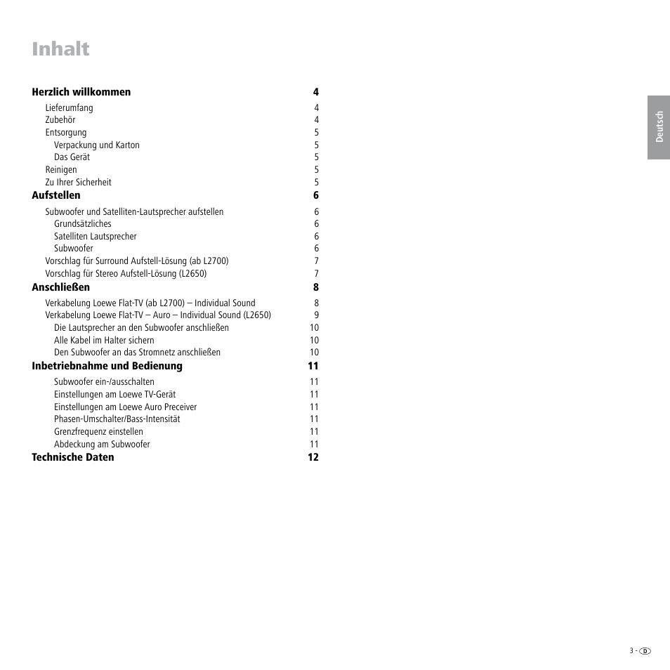 Inhalt | Loewe Individual Sound Speaker System User Manual | Page 3 / 64